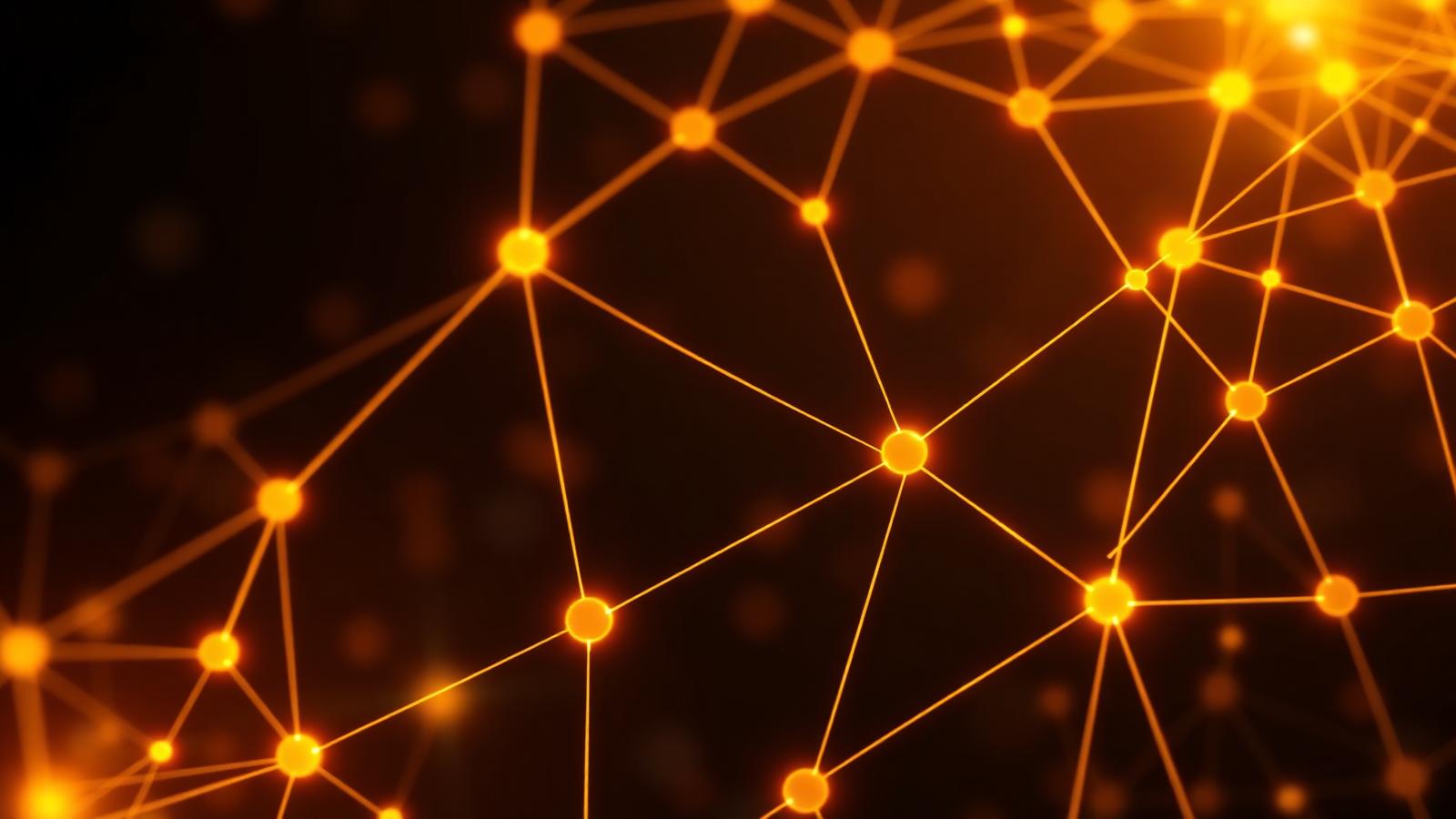 Glowing amber network nodes connected in a lattice on a dark background