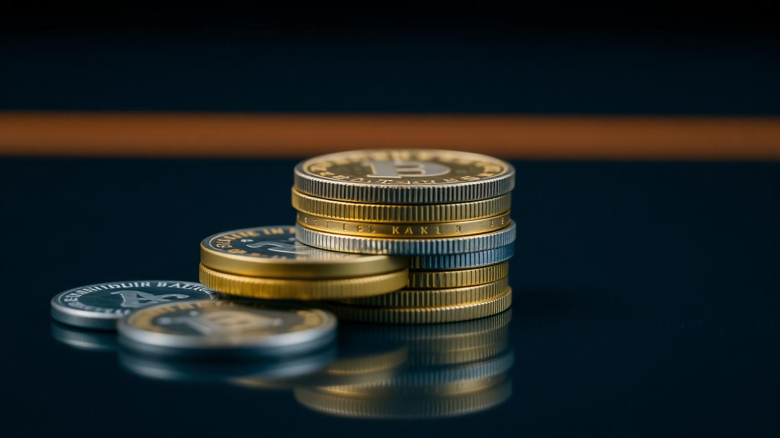 A stack of silver and brass coins on a dark reflective surface
