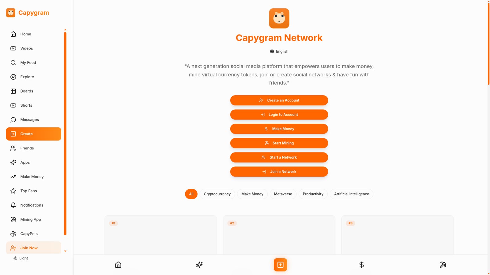 The Capygram Network home page showing its sidebar navigation and app directory