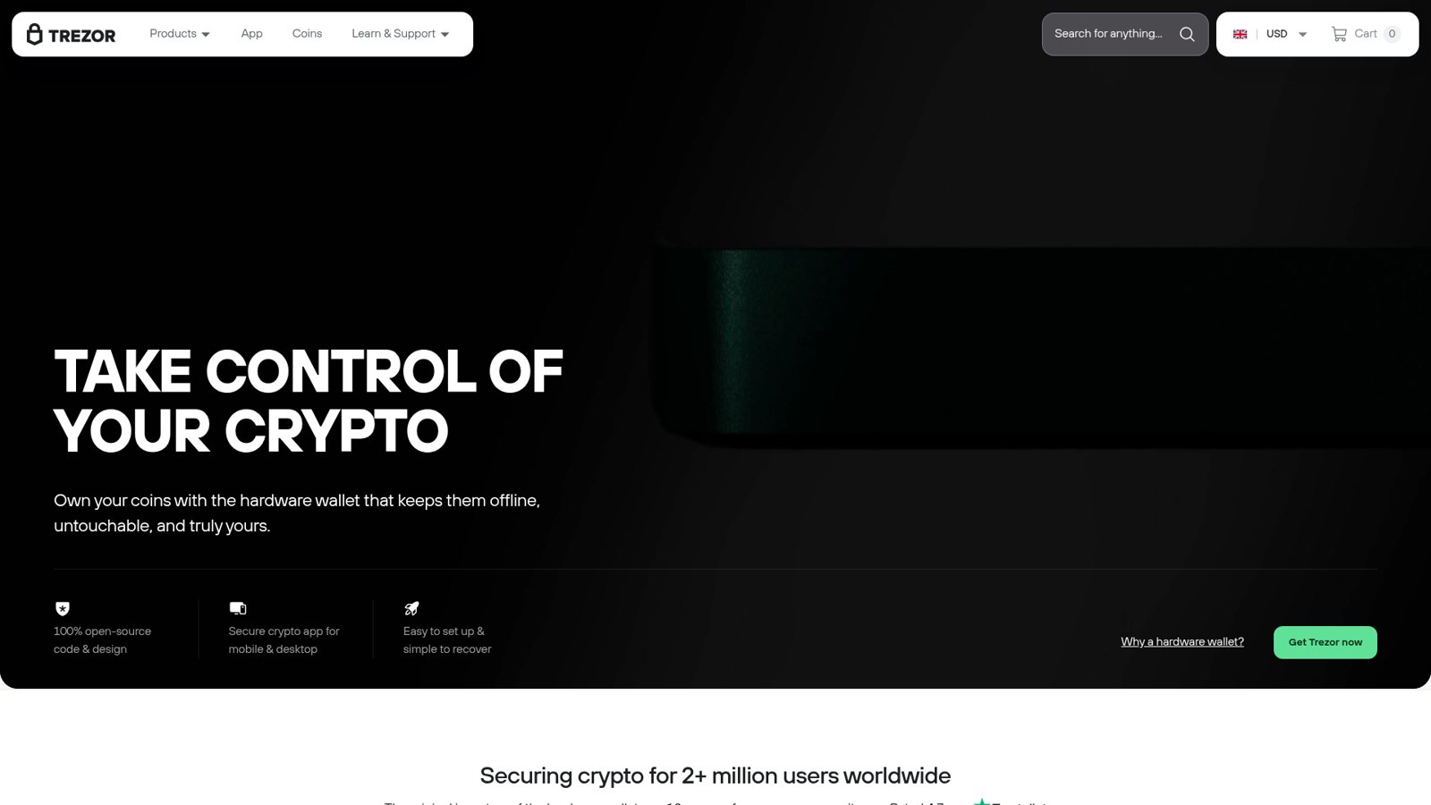 The Trezor website home page showing its hardware wallet products